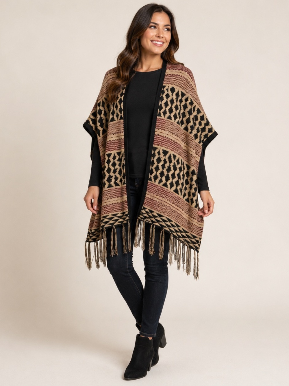 Magazine Boho Geometric Fringe Poncho Cardigan Burgundy Tan M